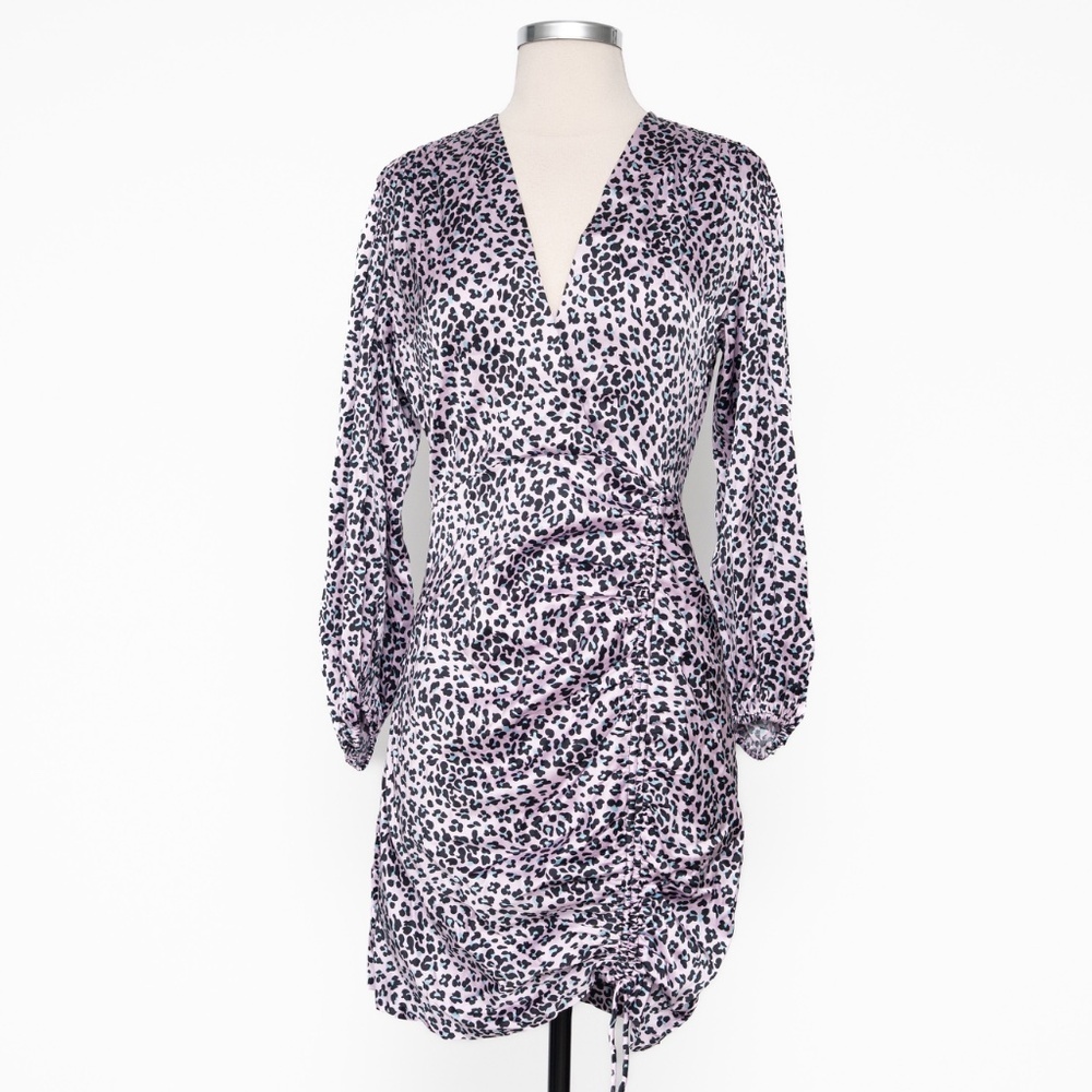 Maje | Maje Draped Leopard-Print Mini Dress‎ Pink Black Puff Sleeve V-Neck  NWT - Picture 3 of 13